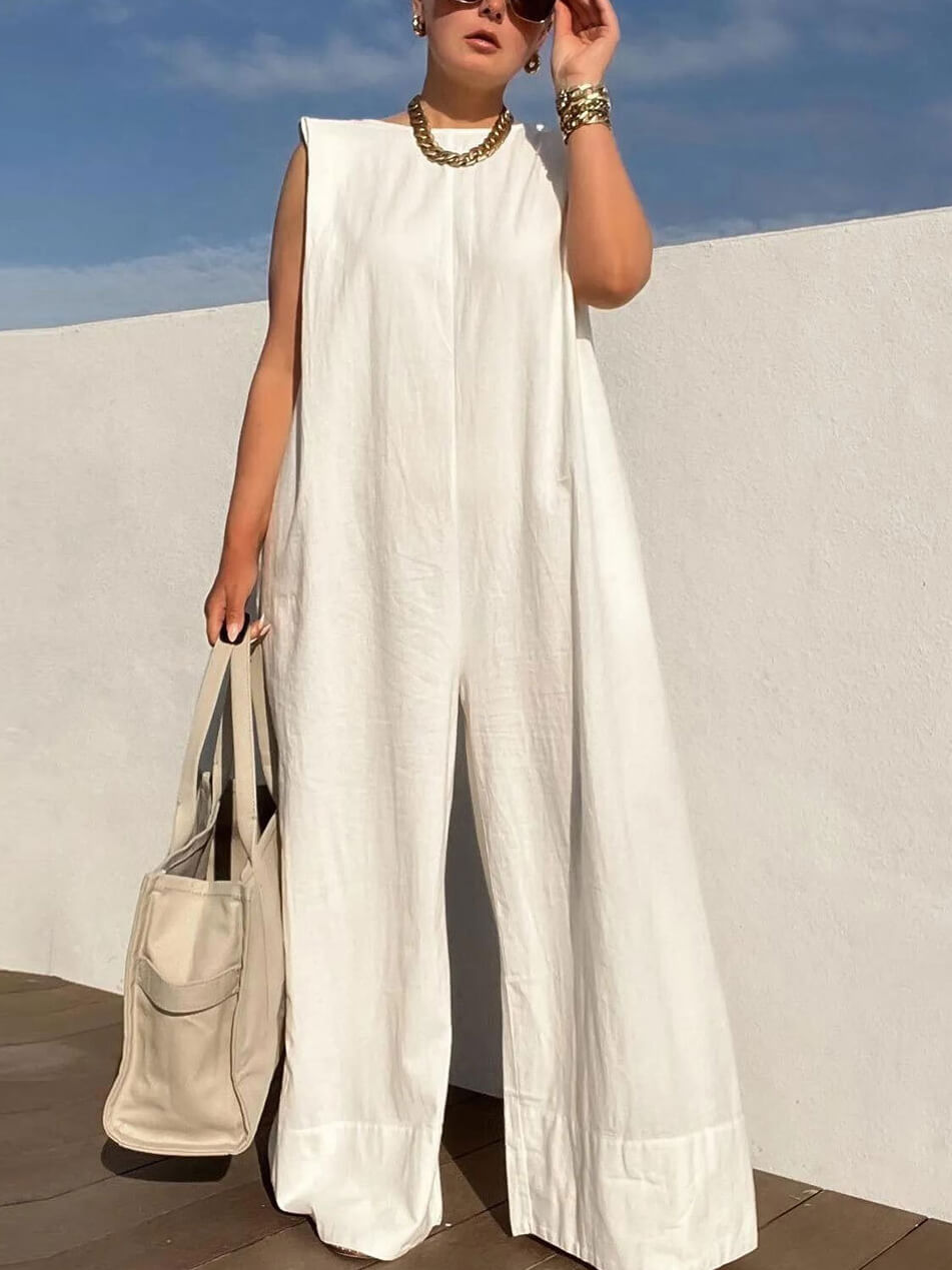 Relaxed Fit Sleeveless Round Neck Jumpsuit with Wide Leg Trousers in Solid Color