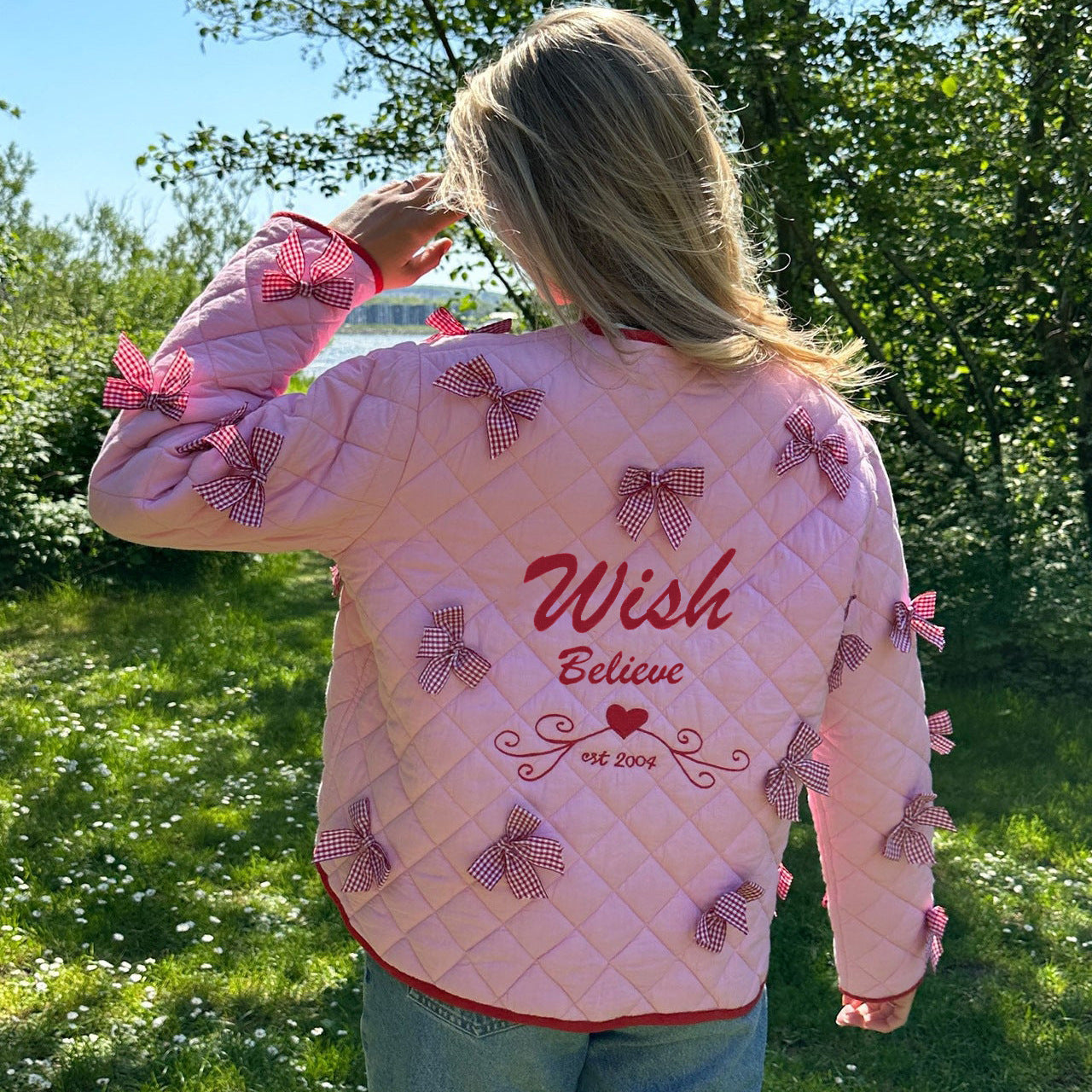 Quilted Thin Jacket with Bow Embroidery