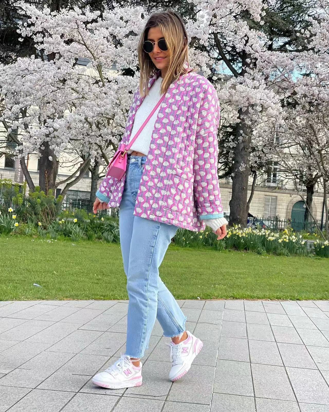 Quilted Jacket with Floral Print and Geometric Pattern Pockets