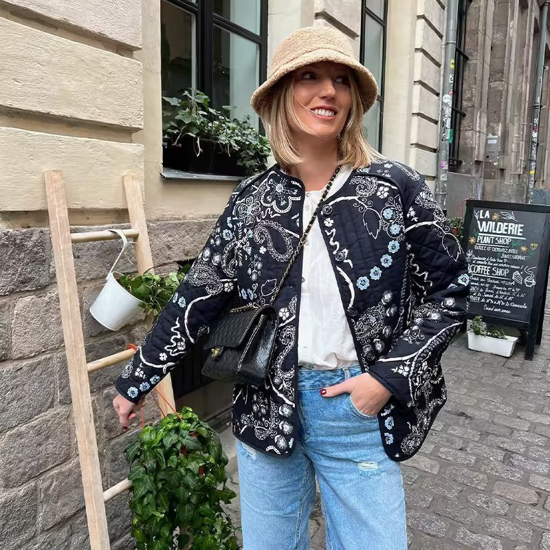 Quilted Jacket with Ethnic Floral Design