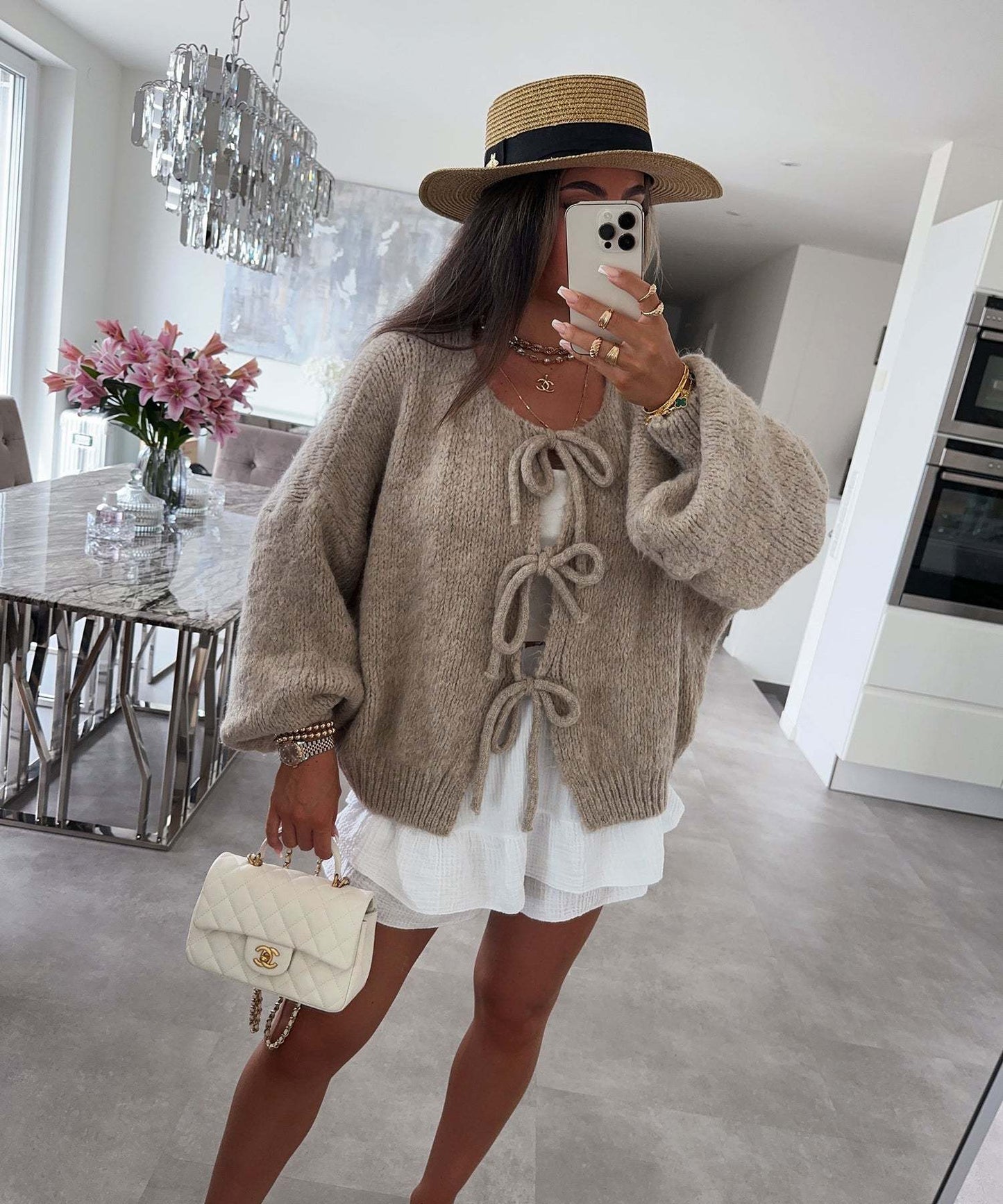 Solid Color Lace-Up Crew Neck Cardigan
