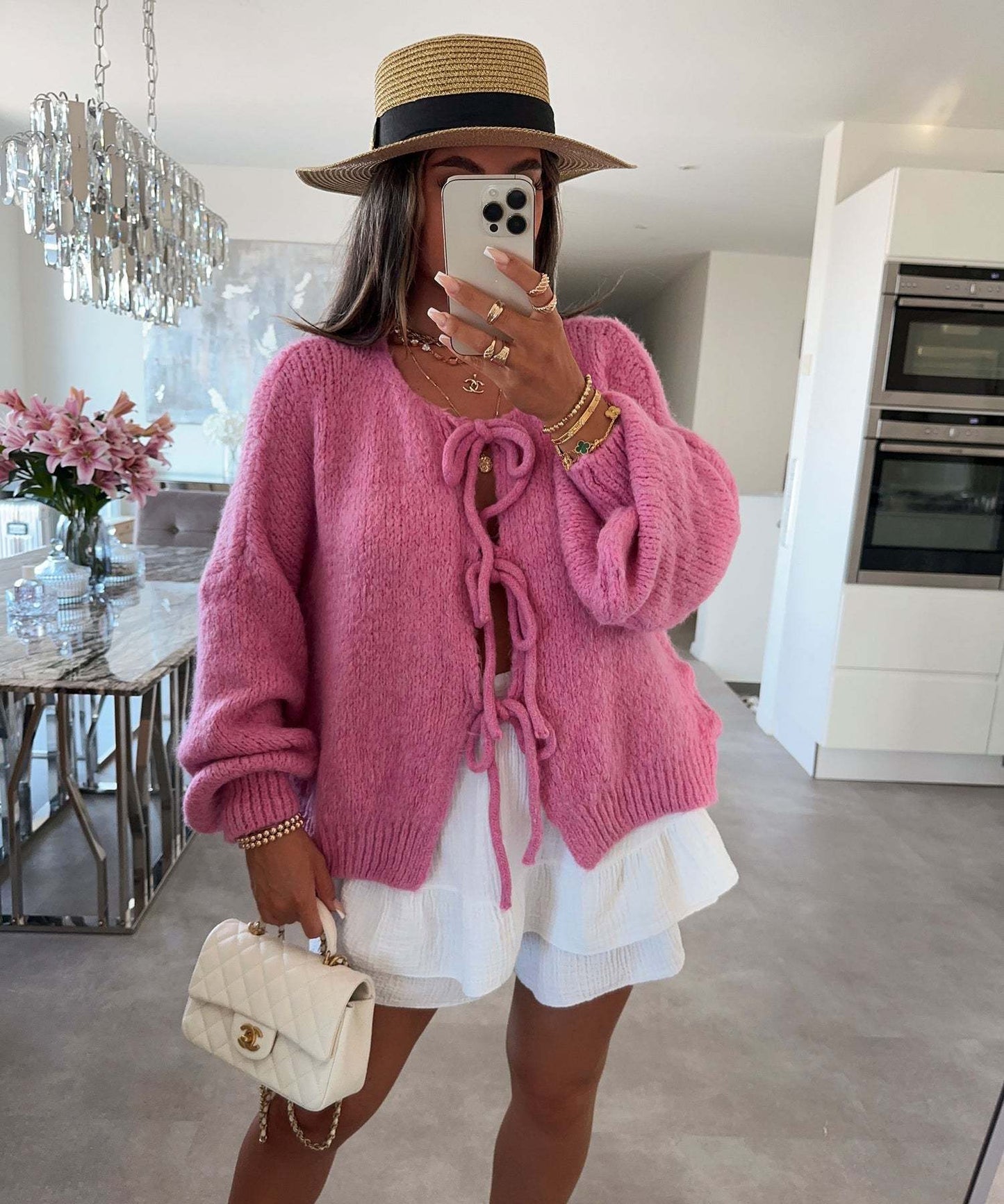Solid Color Lace-Up Crew Neck Cardigan
