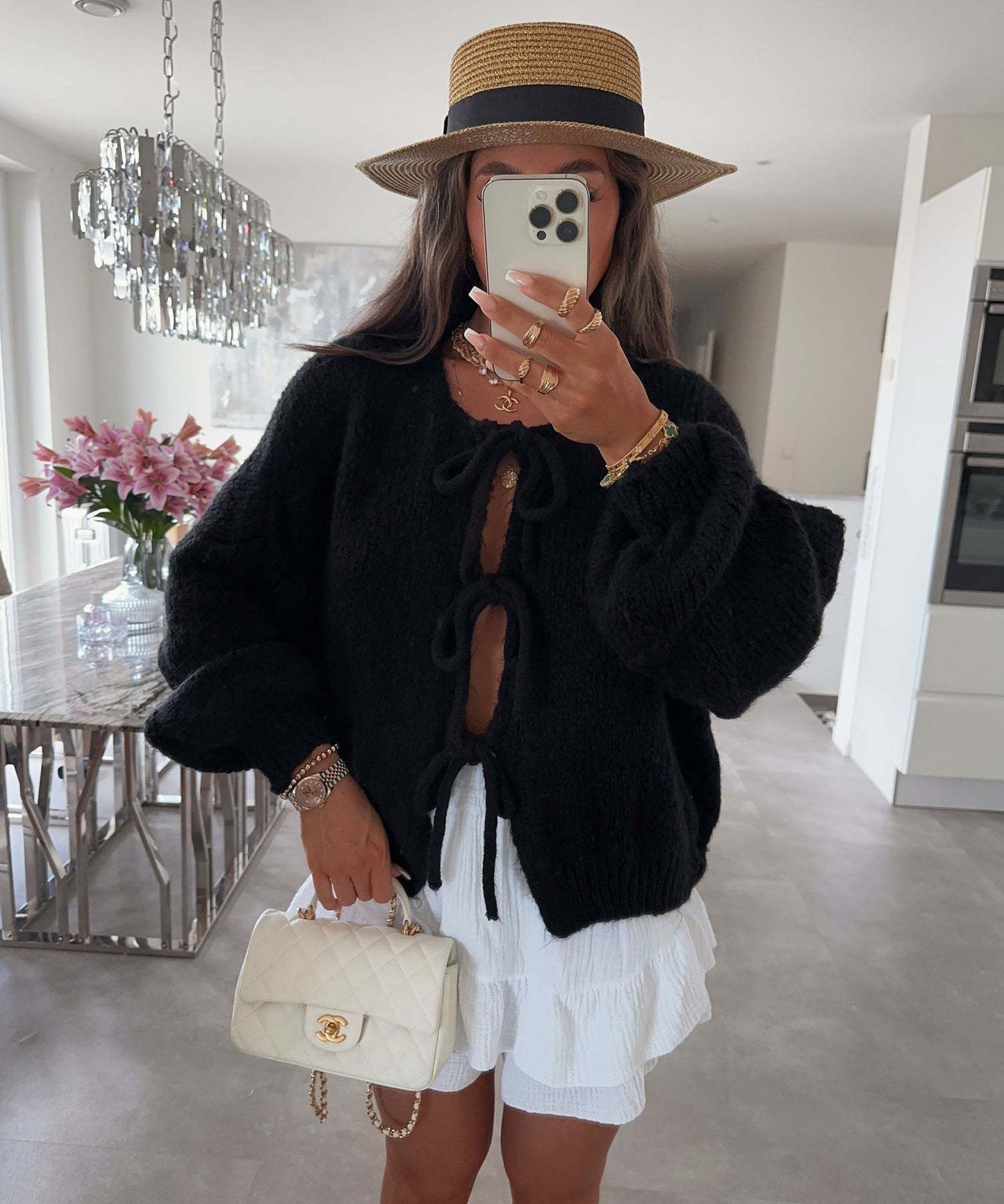 Solid Color Lace-Up Crew Neck Cardigan