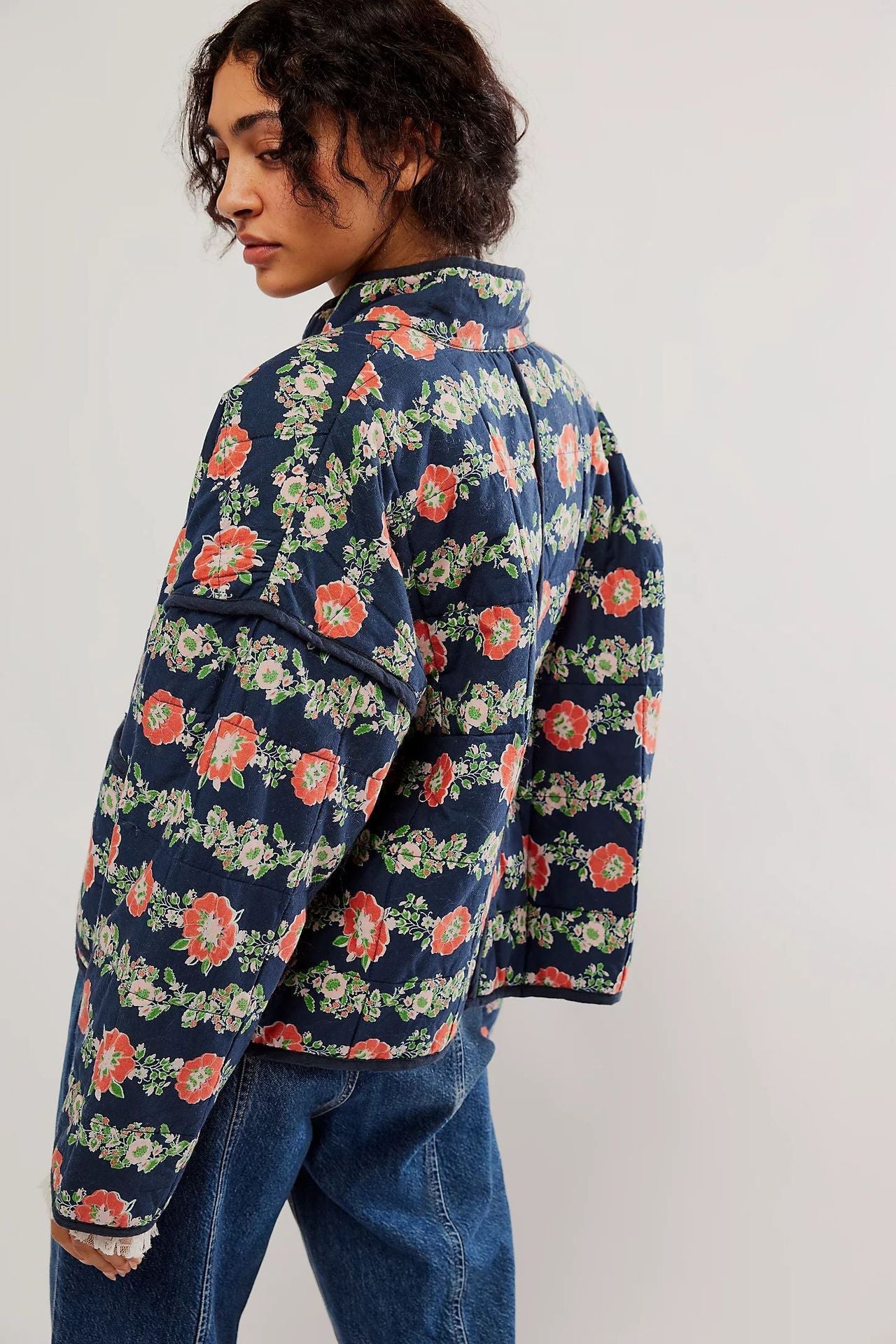 Floral Print Cotton Drop Shoulder Jacket with Pocket Clip
