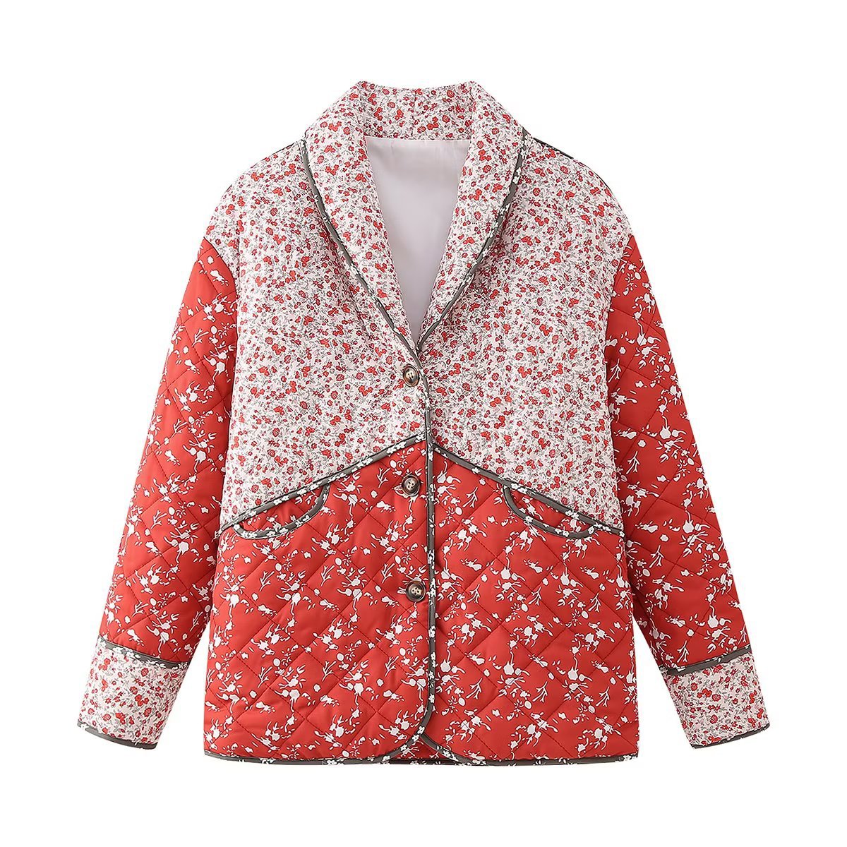 Quilted Jacket with Ethnic Floral Print and Color Contrast