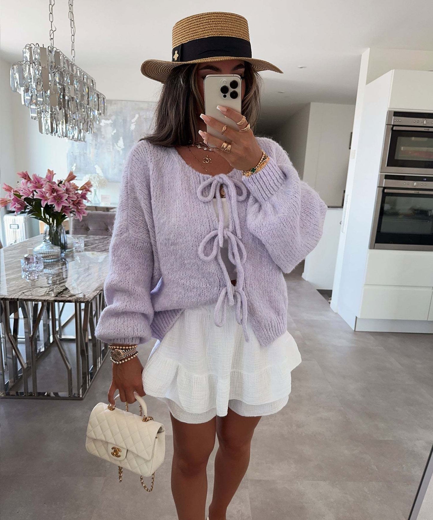 Solid Color Lace-Up Crew Neck Cardigan