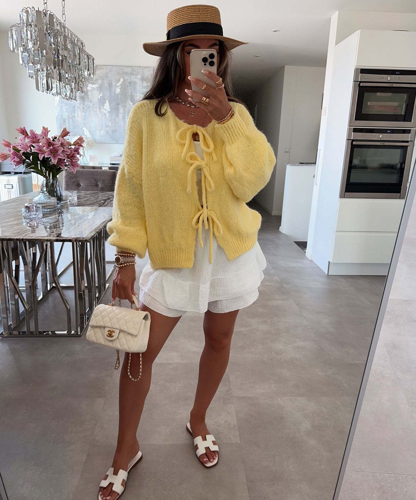 Solid Color Lace-Up Crew Neck Cardigan