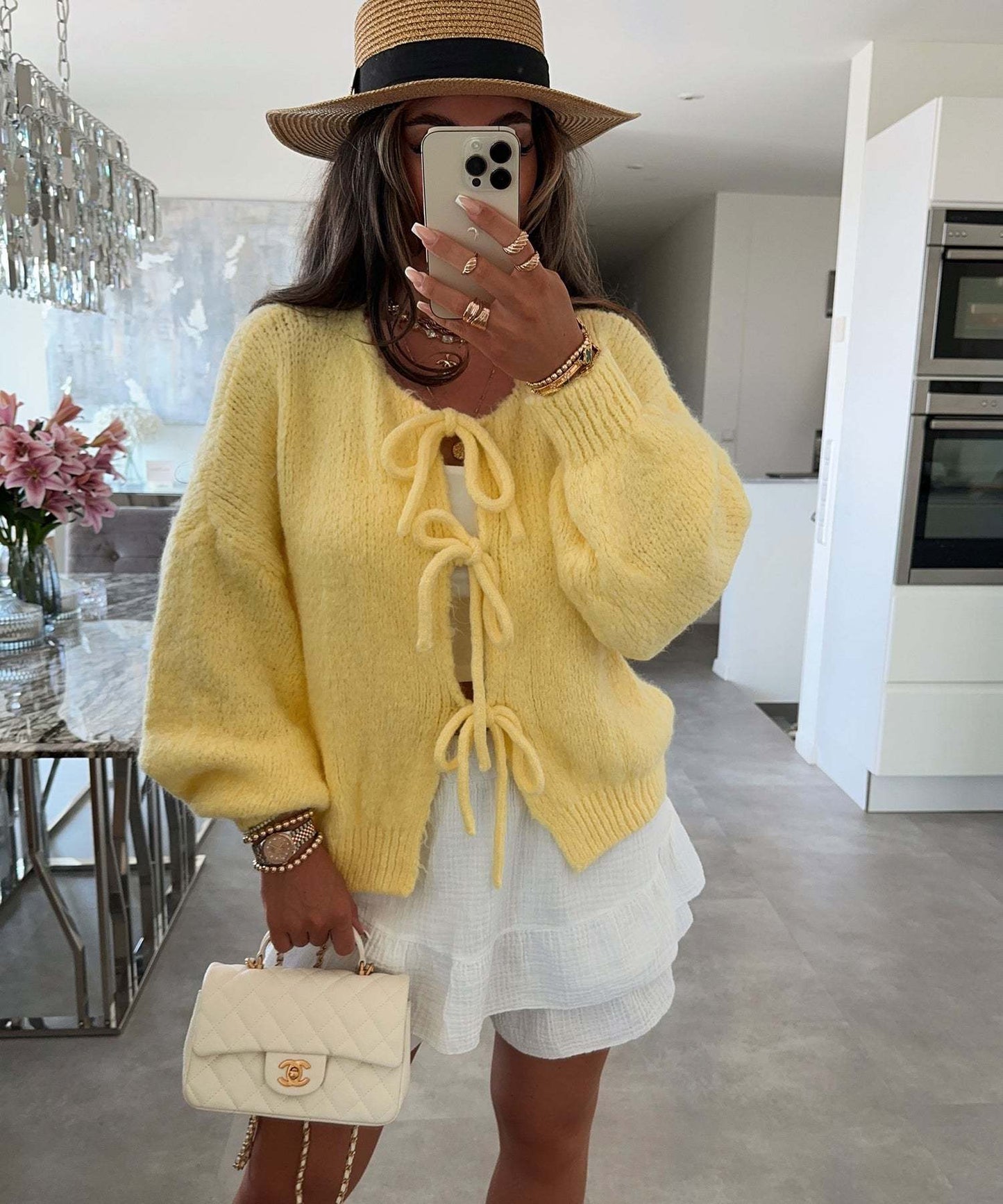 Solid Color Lace-Up Crew Neck Cardigan