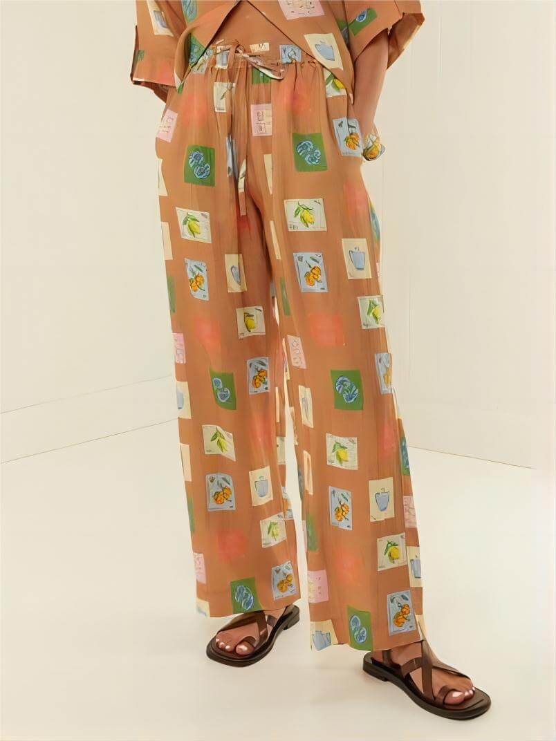 Set of Loose Wide-Leg Trousers Featuring Ethnic Botanical Floral Print