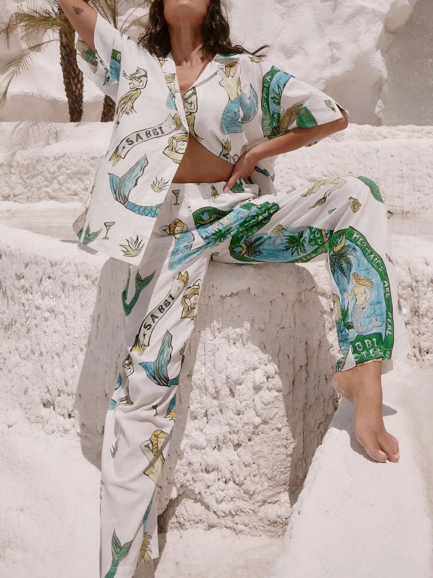 Two-Piece Set: Mermaid Print Short-Sleeve Shirt and Wide-Leg Trousers