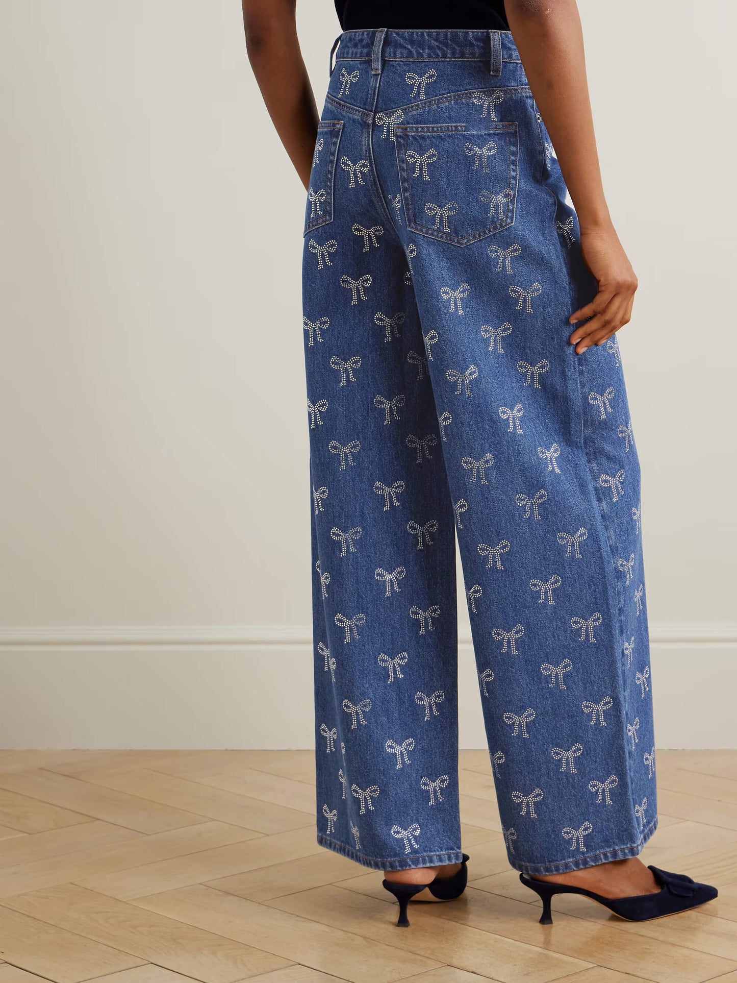 High-Rise Wide-Leg Jeans with Bow and Crystal Accents