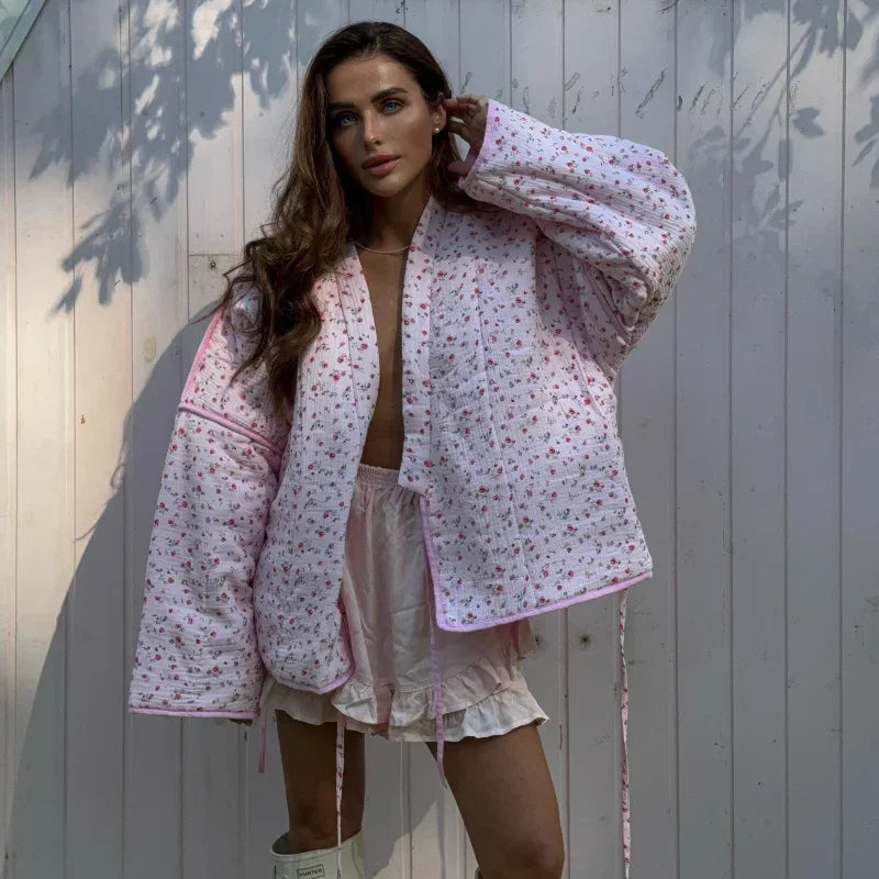 Loose Quilted Jacket with Pink Floral Lace-Up Design