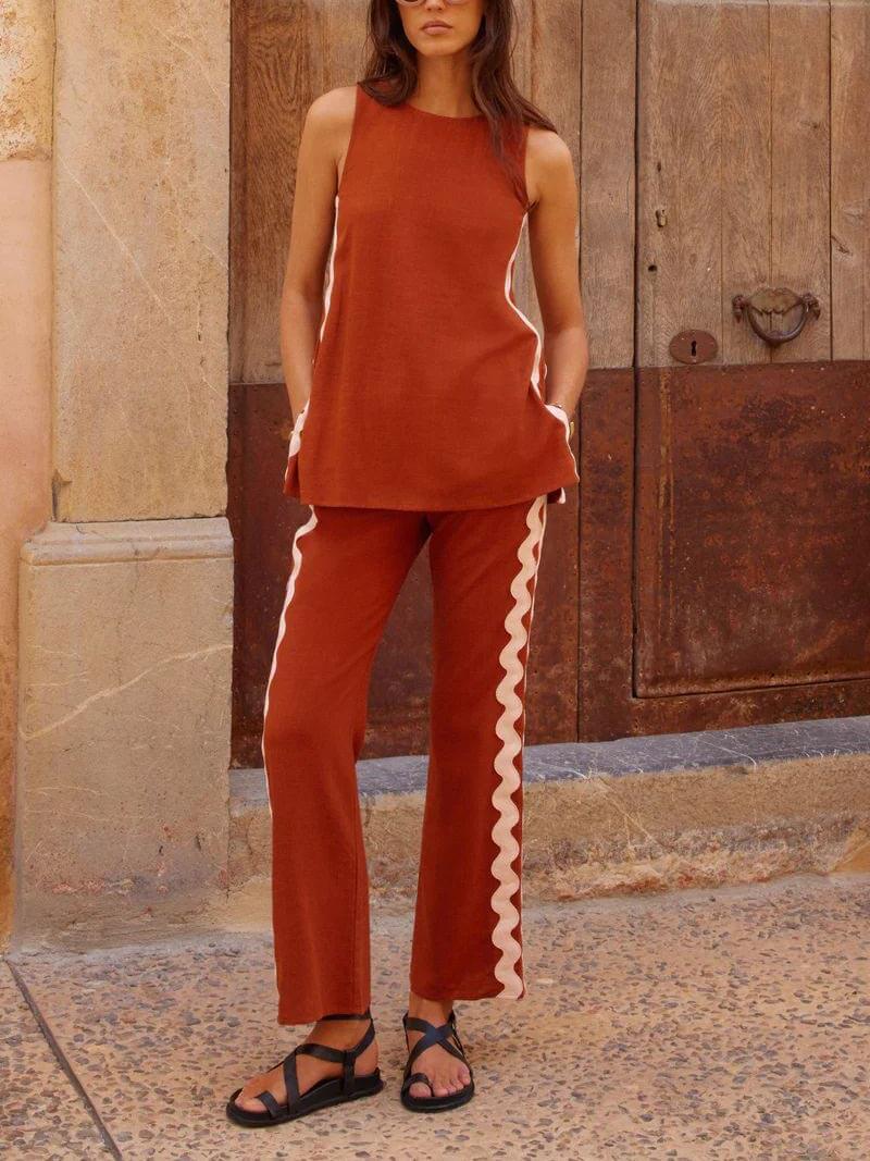 Relaxed Fit Sleeveless Top with Slit and Wide-Leg Trouser Set