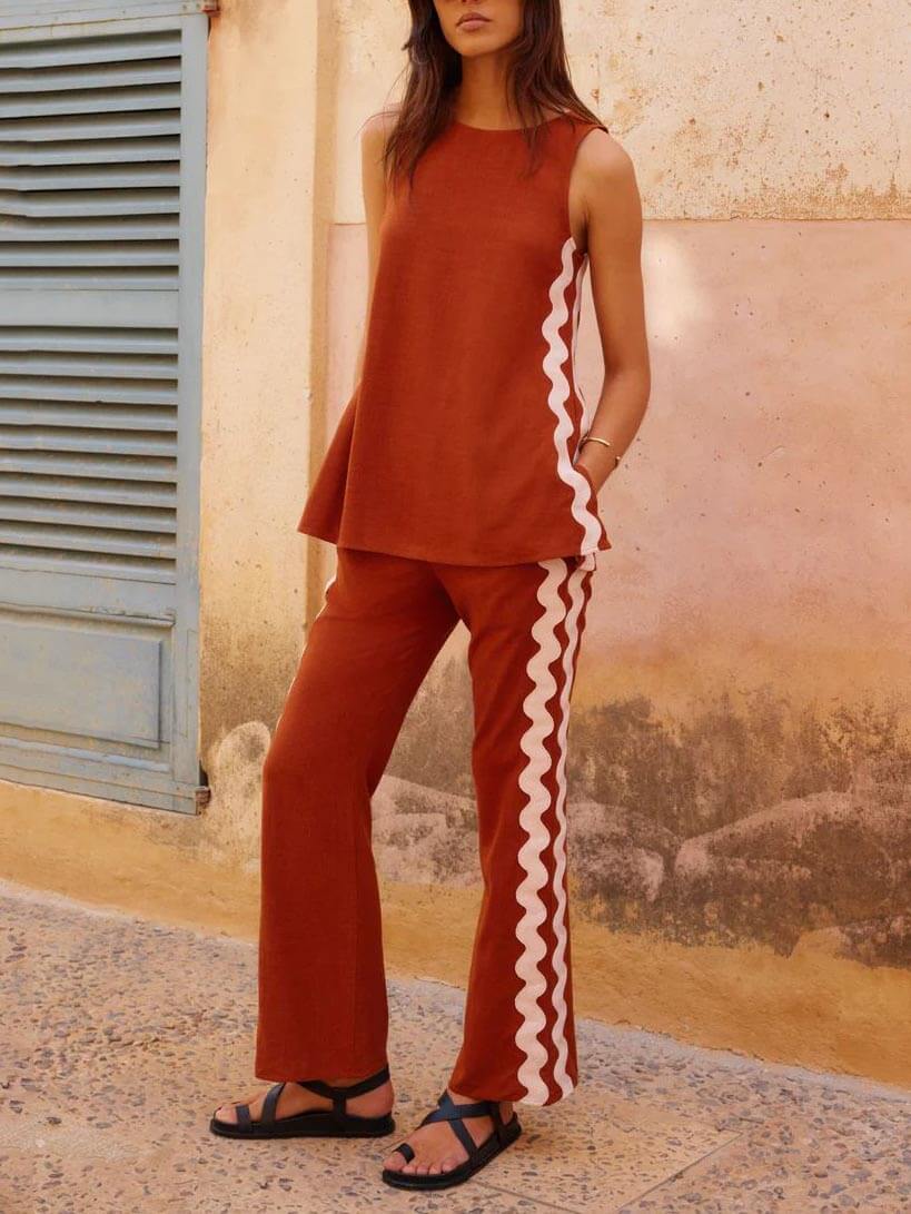 Relaxed Fit Sleeveless Top with Slit and Wide-Leg Trouser Set