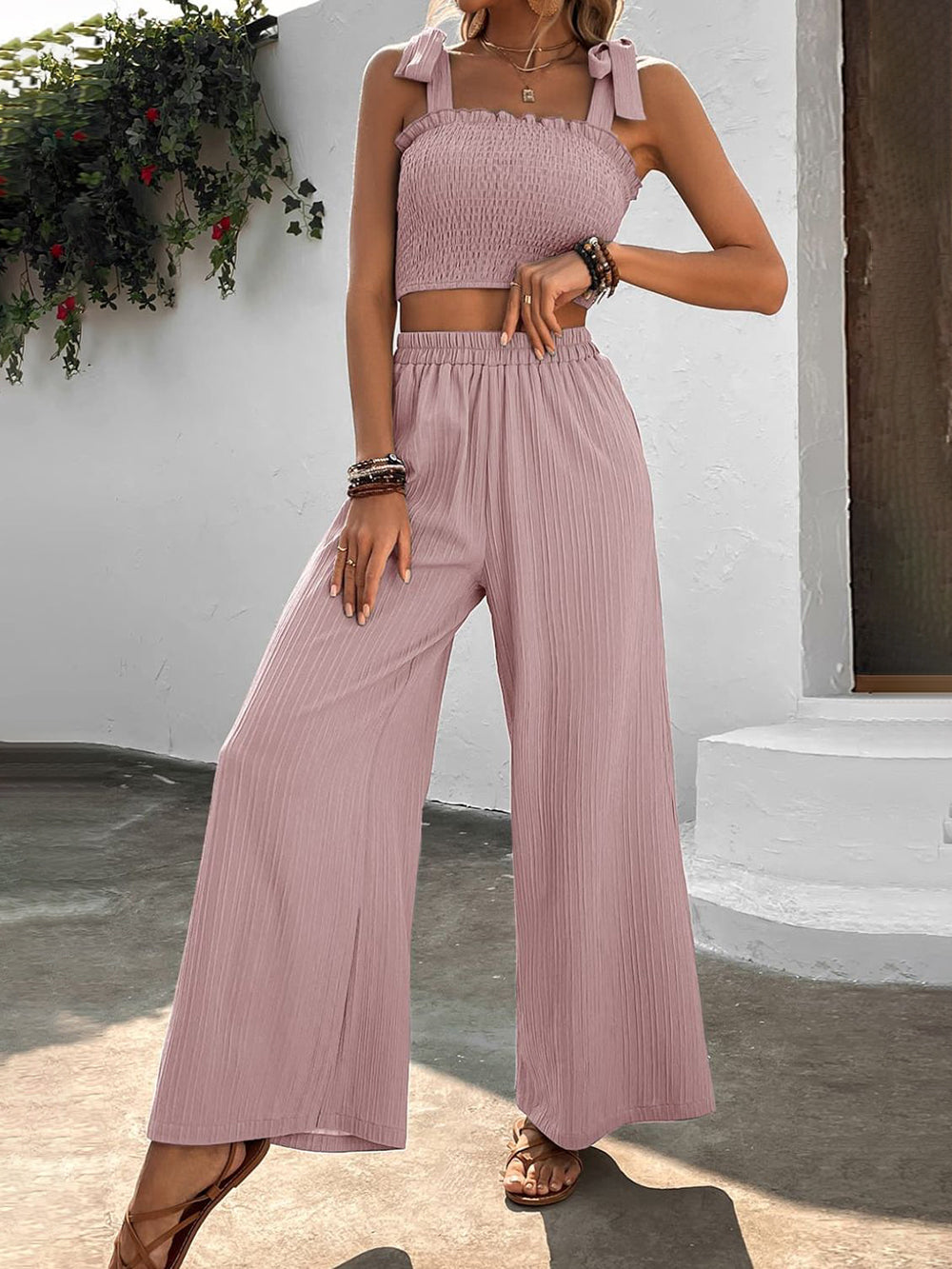 Smocked Crop Top with Tie Shoulders and Wide Leg Trouser Set