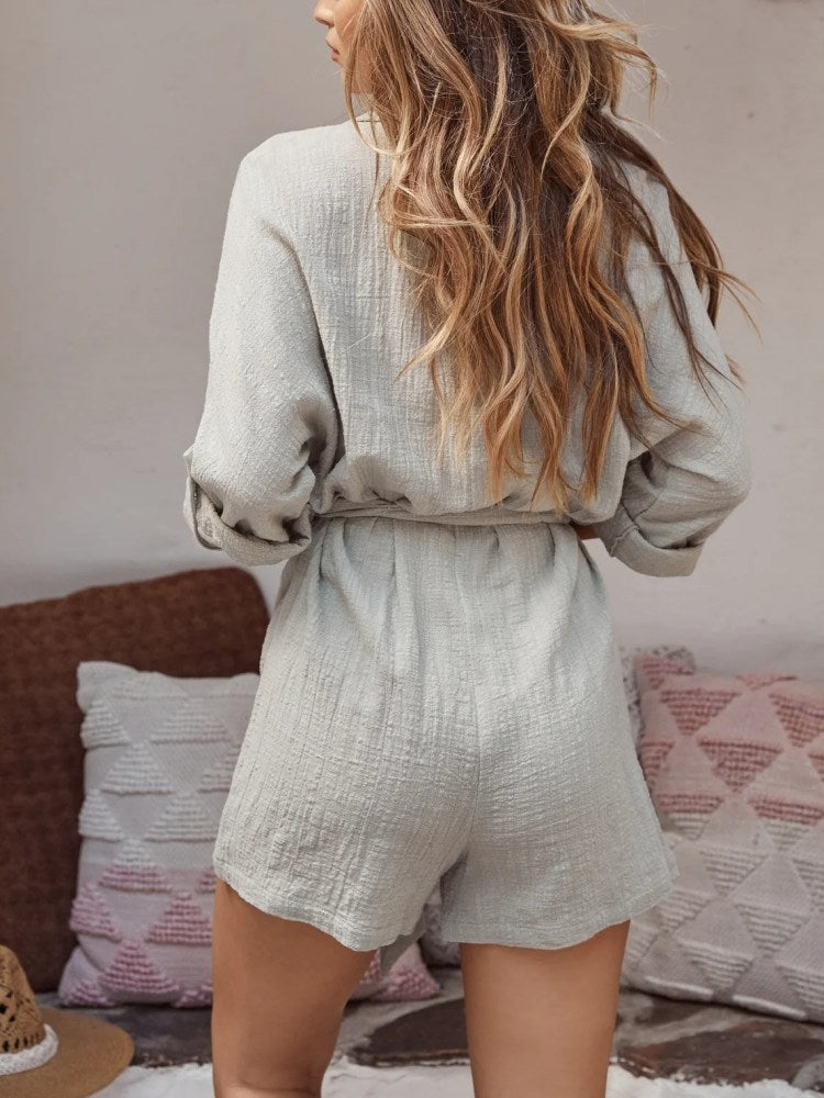 Sage Green Cotton Utility Button-Up Romper