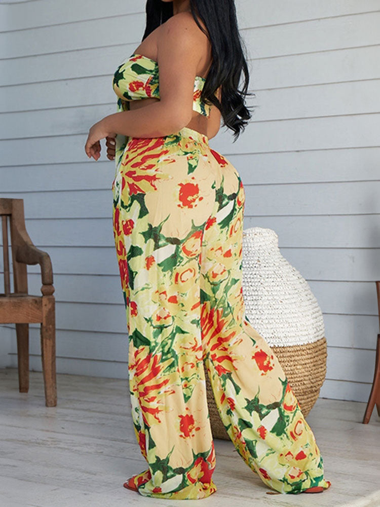 Halter Neck Ruched Wide-Leg Pants Set