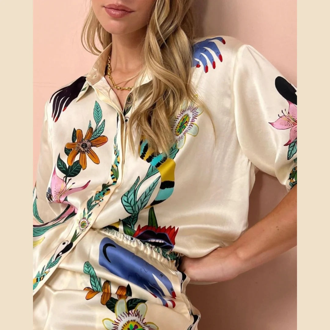 Bohemian Nature-Inspired Satin Shirt and Trousers Ensemble
