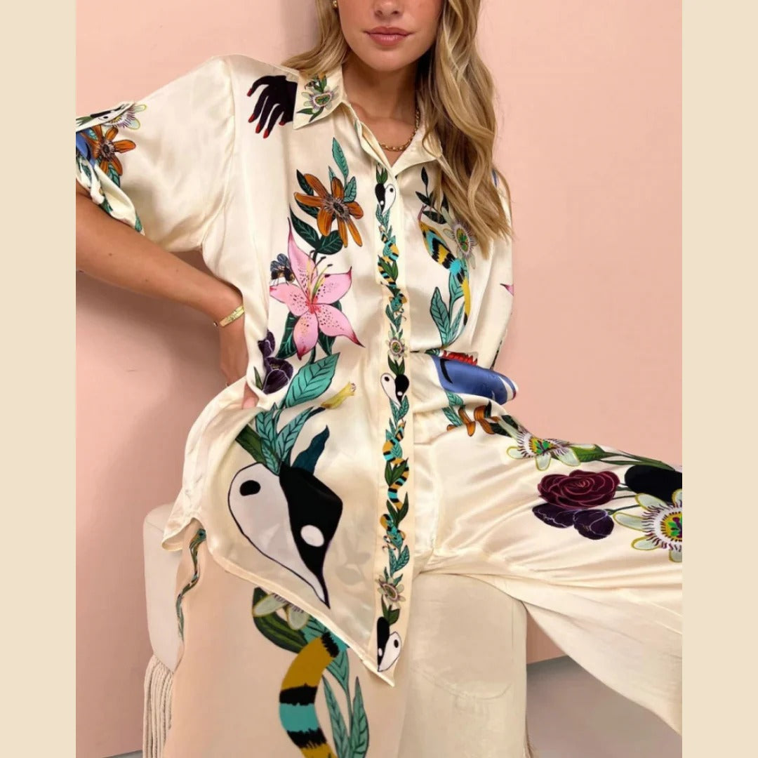 Bohemian Nature-Inspired Satin Shirt and Trousers Ensemble