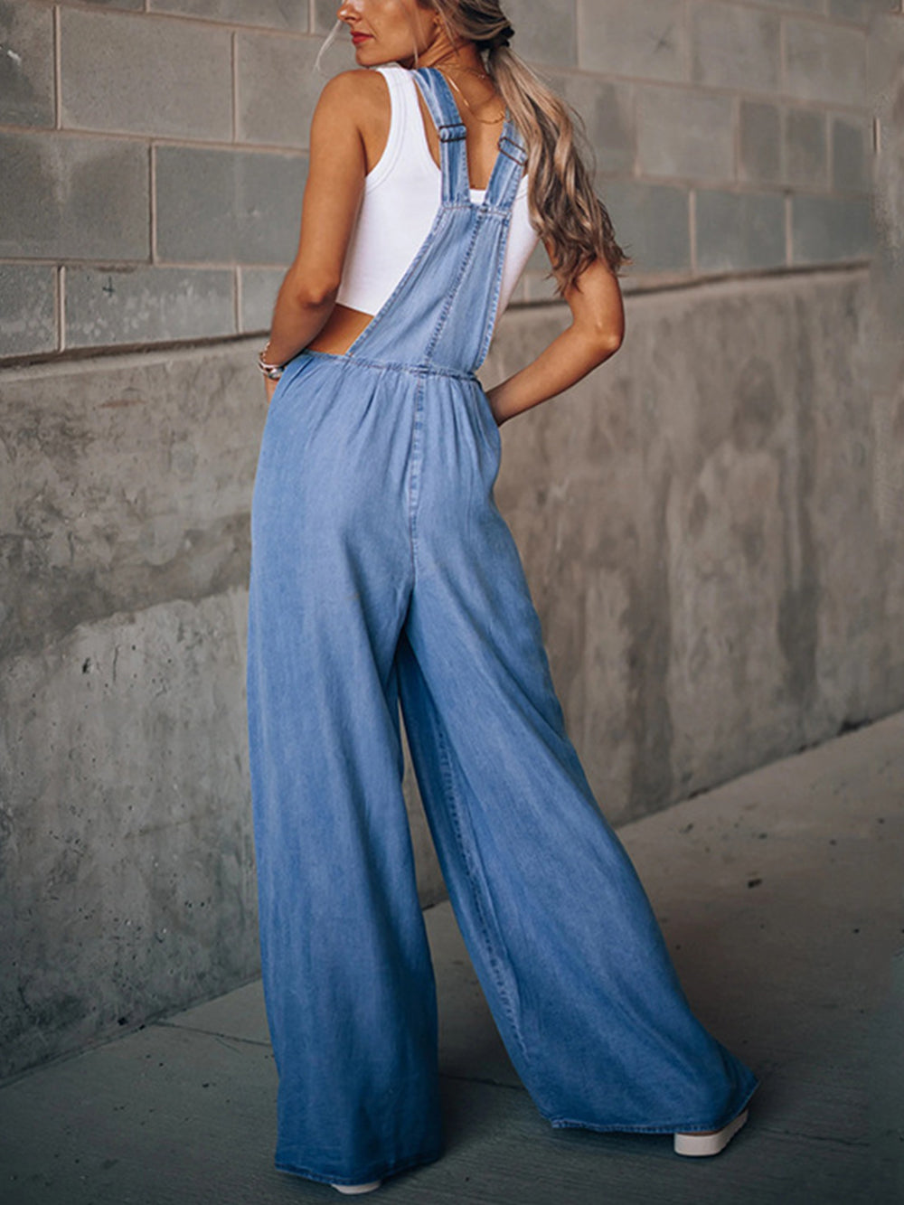Relaxed Fit Solid Color Distressed Denim Overalls