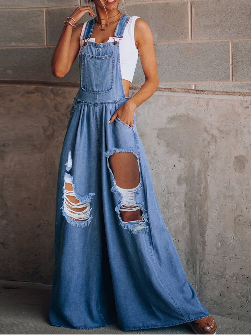 Relaxed Fit Solid Color Distressed Denim Overalls