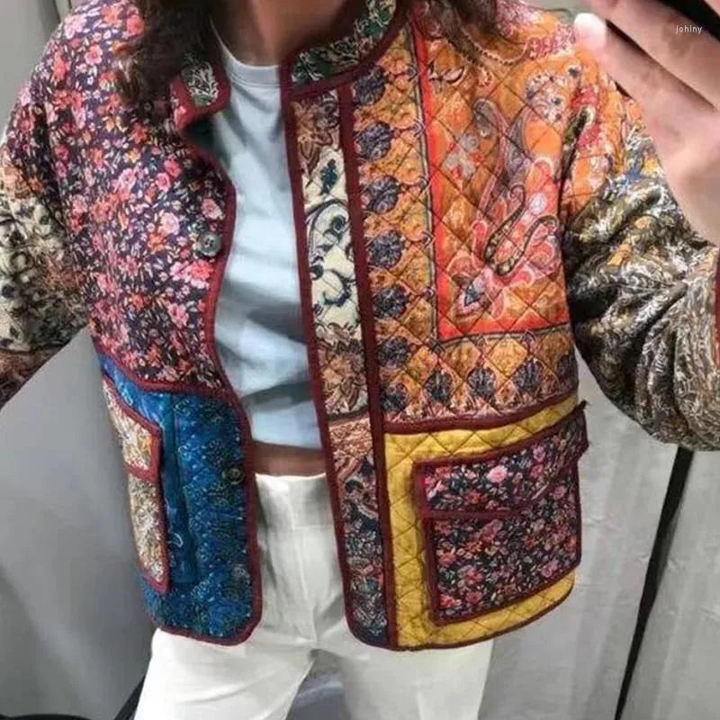 Multi-Colored Quilted Jacket with Ethnic Pattern Design