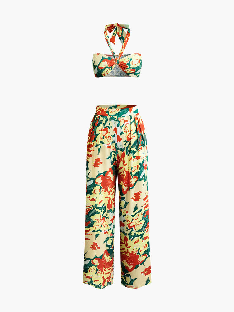Halter Neck Ruched Wide-Leg Pants Set