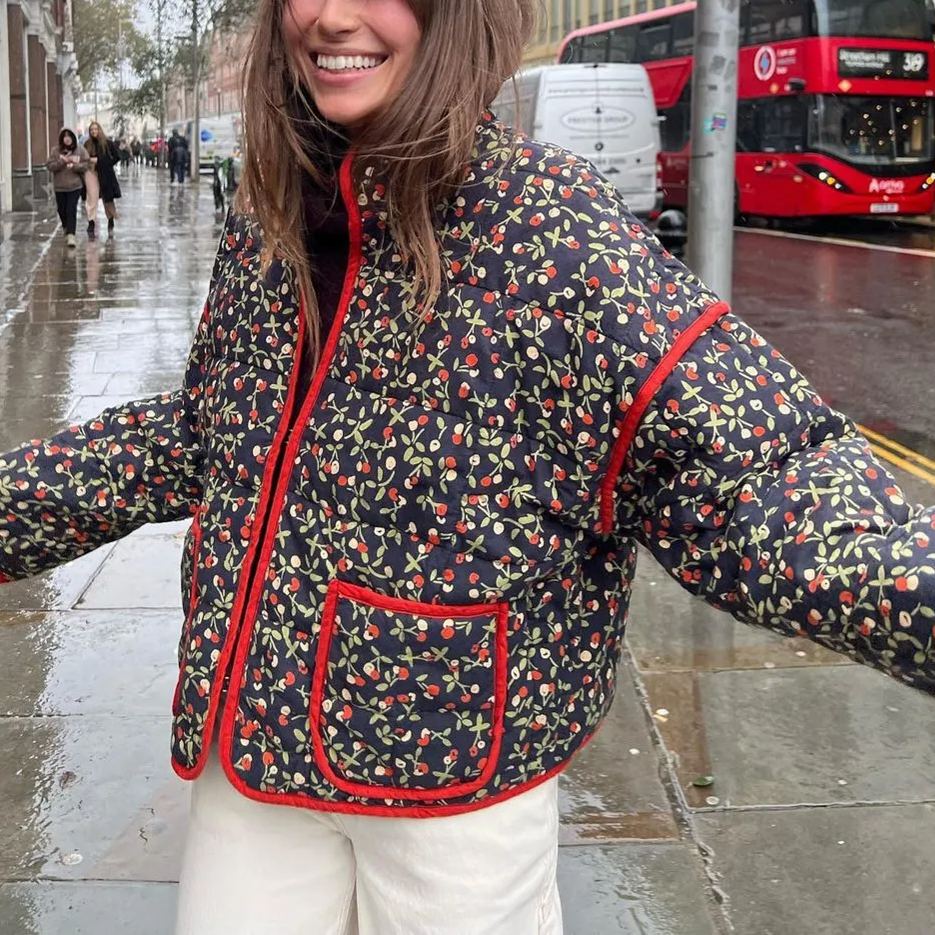 Floral Print Cotton Drop Shoulder Jacket with Pocket Clip