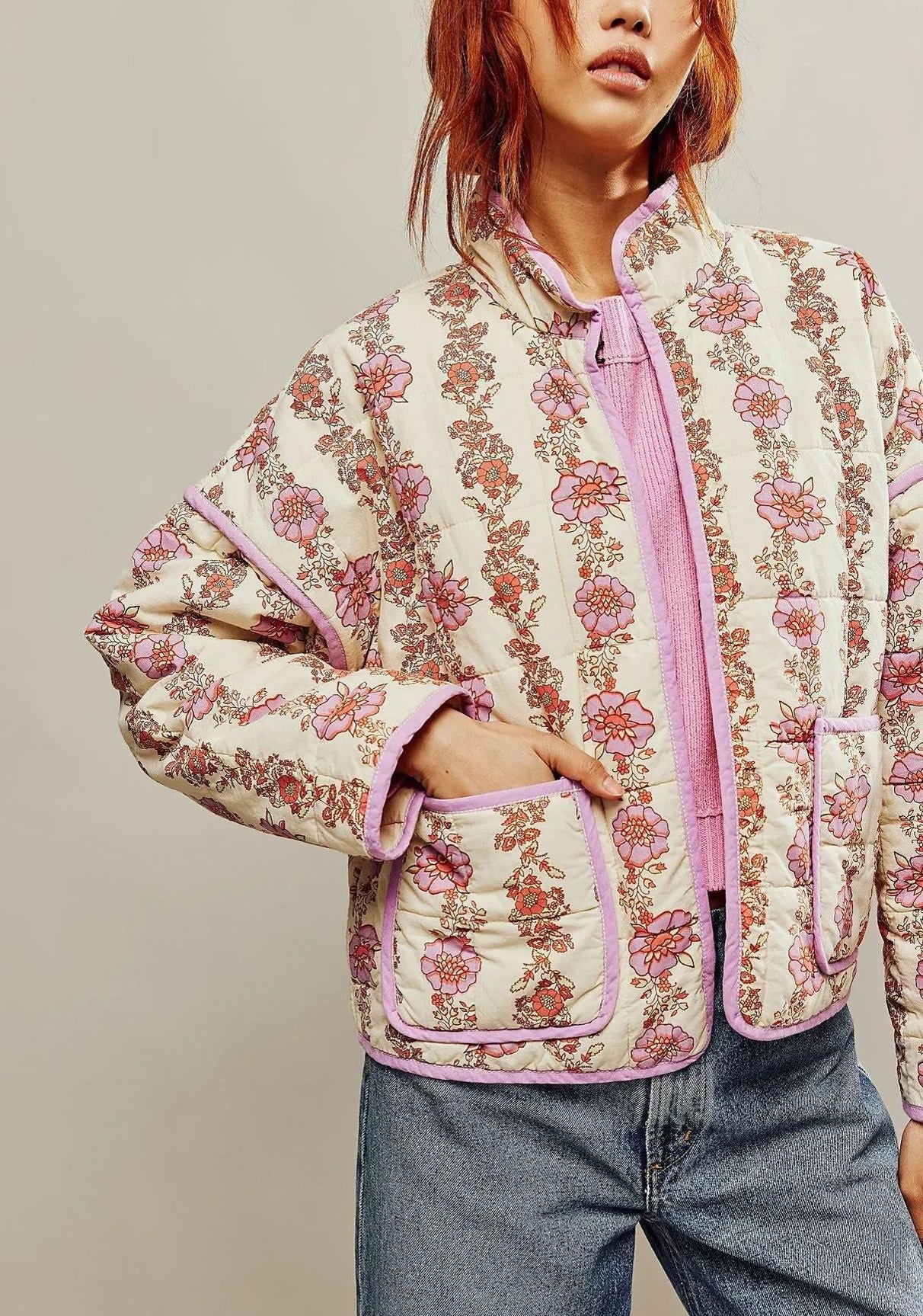 Floral Print Cotton Drop Shoulder Jacket with Pocket Clip
