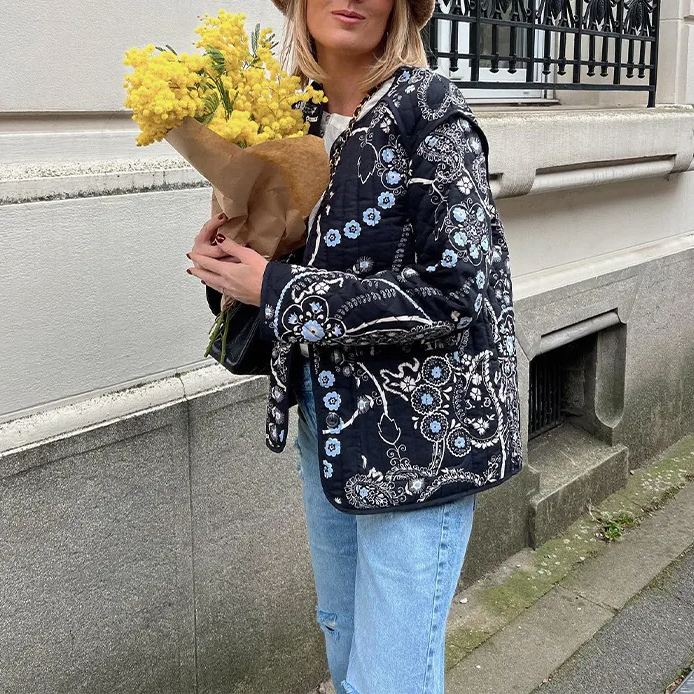 Quilted Jacket with Ethnic Floral Design