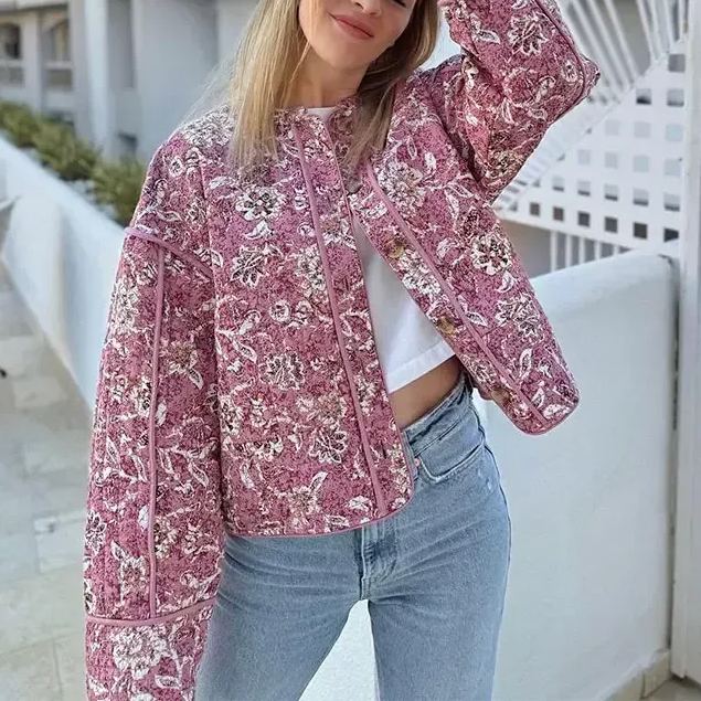 Quilted Jacket with Retro Floral Print for Street Style