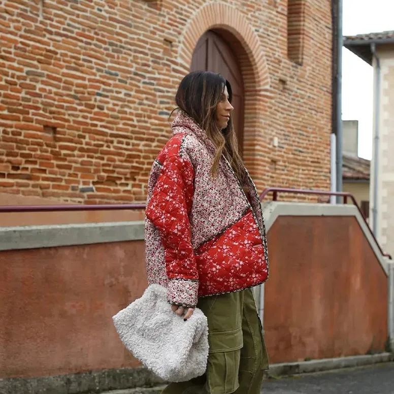 Quilted Jacket with Ethnic Floral Print and Color Contrast