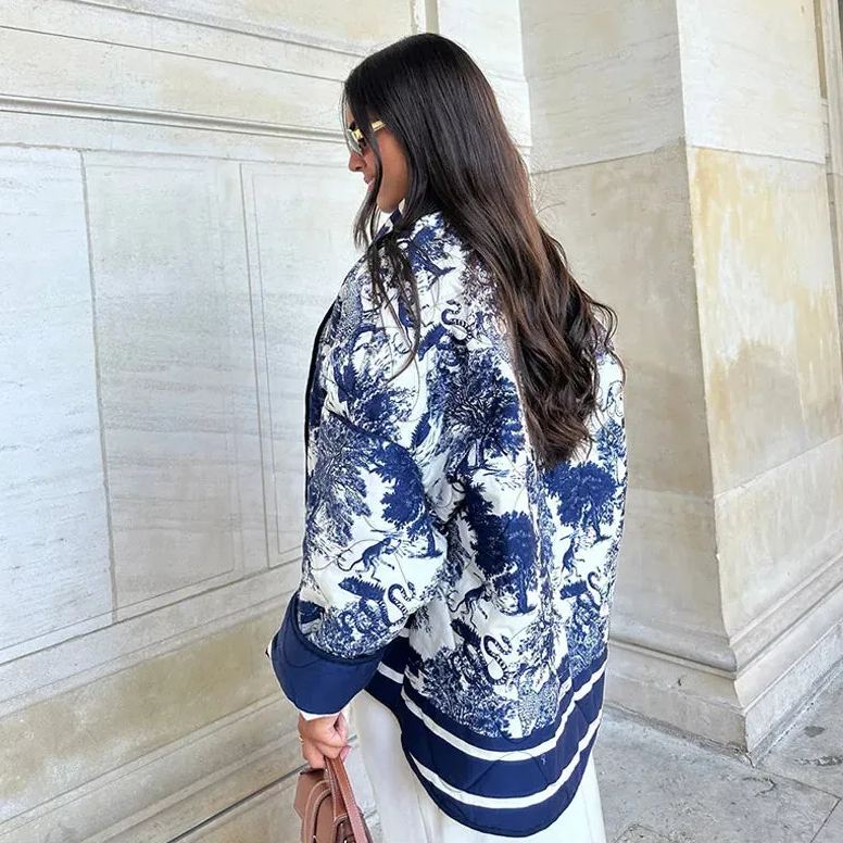 Quilted Oversized Jacket with Vintage Ink Painting Print
