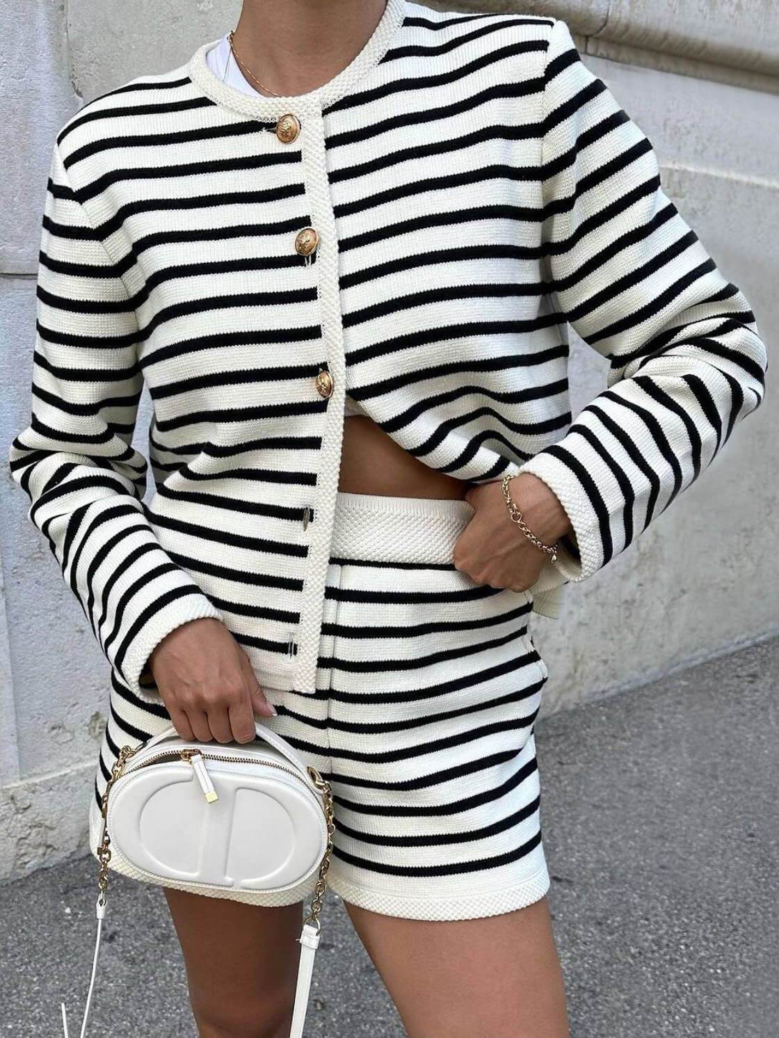 Retro Striped Knit Crew Neck Cardigan