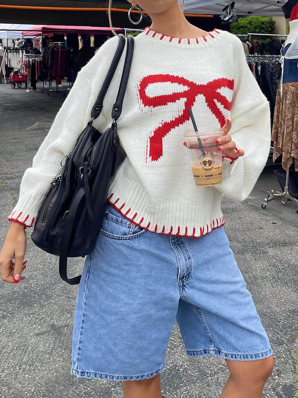 Loose-Fit Bow Jacquard Sweater