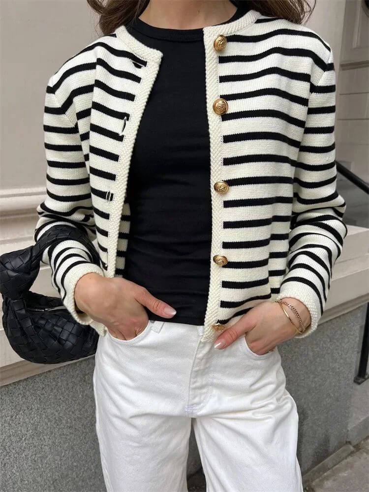 Retro Striped Knit Crew Neck Cardigan