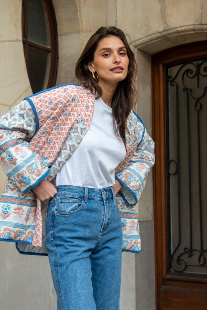 Quilted Thin Jacket with Lapel and Printed Patchwork Design
