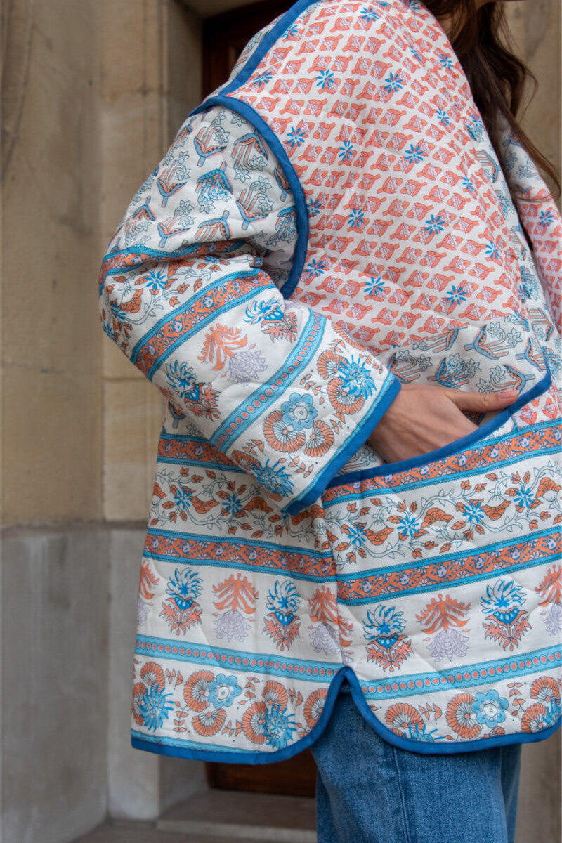 Quilted Thin Jacket with Lapel and Printed Patchwork Design