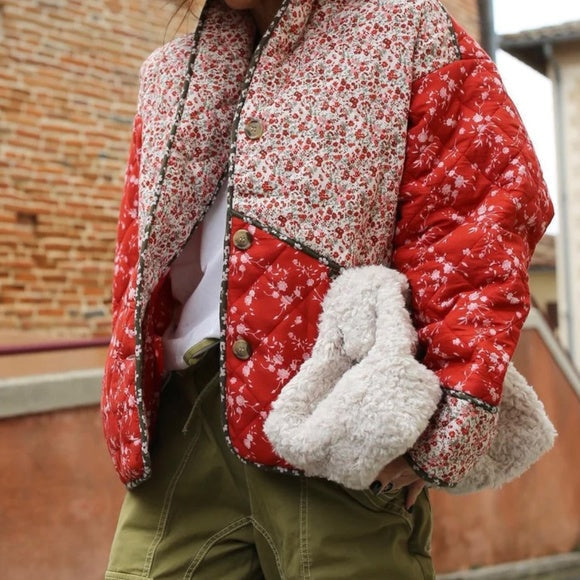 Quilted Jacket with Ethnic Floral Print and Color Contrast