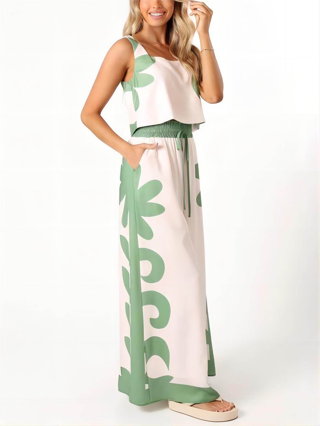 Flowy Sleeveless Floral Print Wide-Leg Pants Set