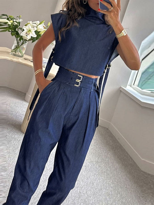 High-Neck Cut-Out Vest and Tailored Pants Set