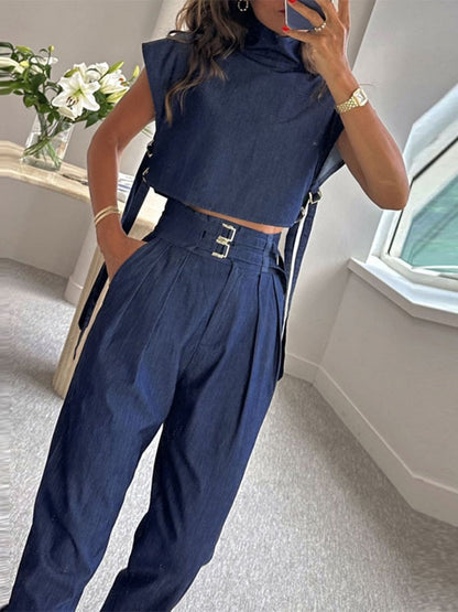 High-Neck Cut-Out Vest and Tailored Pants Set