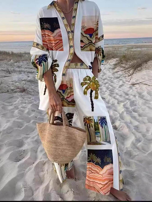 Distinctive Palm Tree Print Relaxed Pants Set