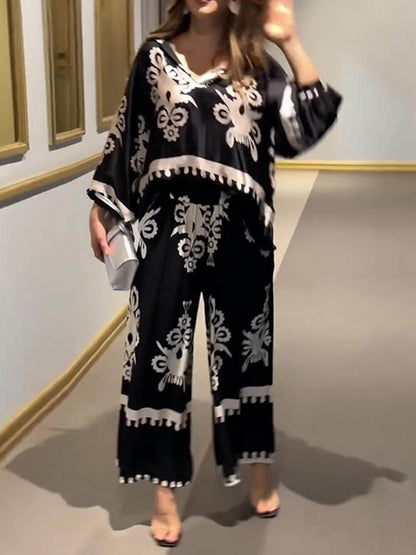 Distinctive Printed Long Sleeve Top and Irregular Hem Pants Set