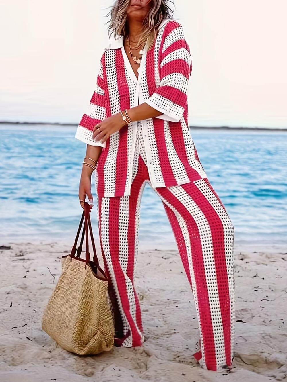 Chic Striped Wide Leg Pants Set with Loose V-Neck Hollow Out Top