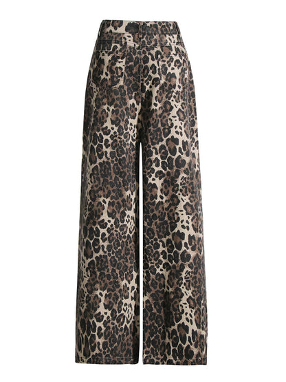 Retro Leopard Print High-Waisted Straight Leg Distressed Jeans