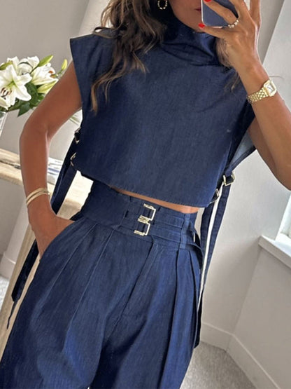 High-Neck Cut-Out Vest and Tailored Pants Set