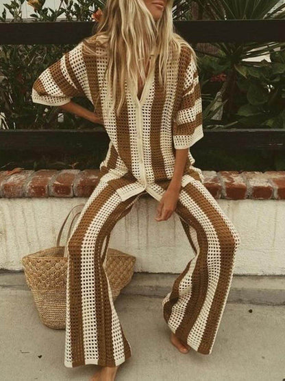 Chic Striped Wide Leg Pants Set with Loose V-Neck Hollow Out Top