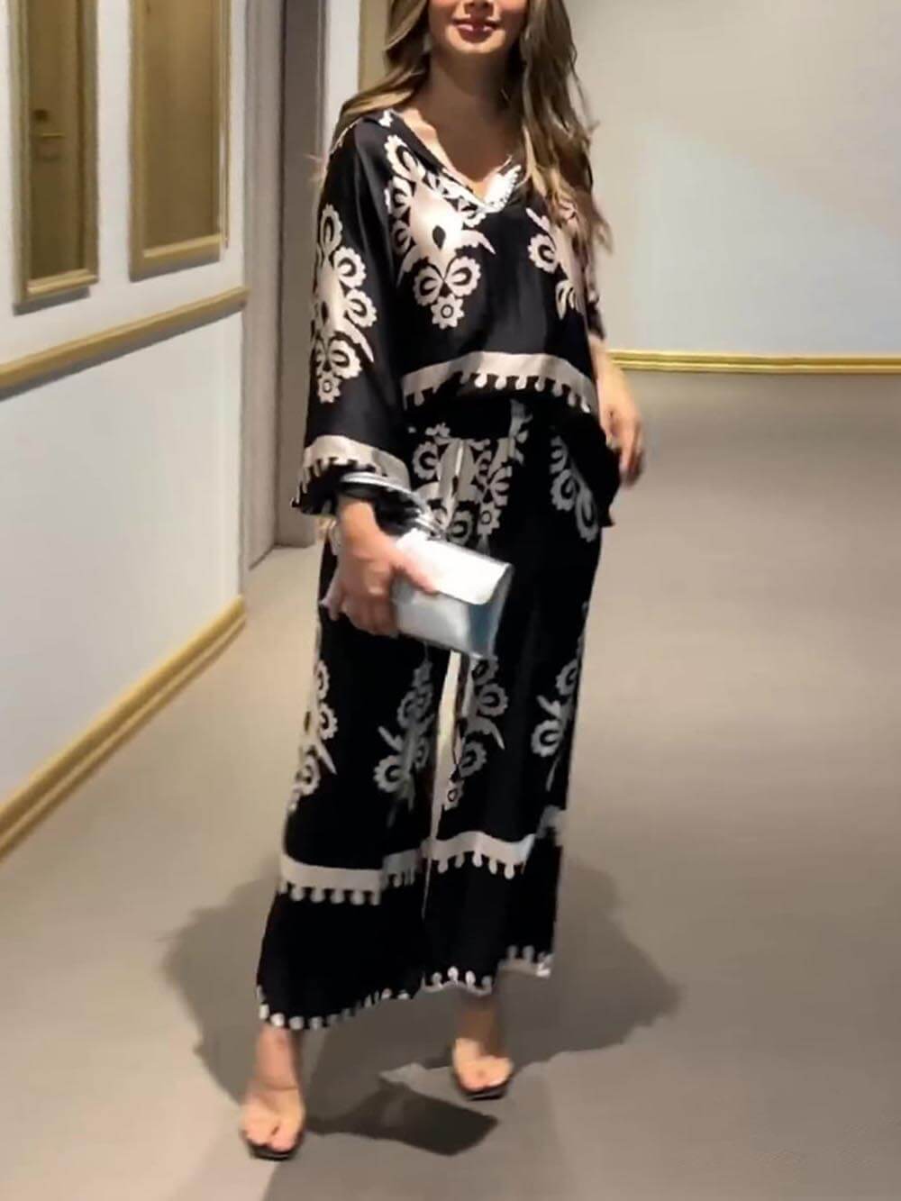 Distinctive Printed Long Sleeve Top and Irregular Hem Pants Set