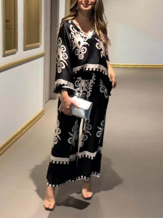 Distinctive Printed Long Sleeve Top and Irregular Hem Pants Set
